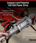Badass 120V Handheld Power Pipe Threader For Plumbing And Conduit Tasks Compatible With 12-R 00-R 00-RB 11-R Die Heads compact power drive in use.