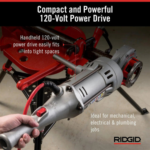 Badass 120V Handheld Power Pipe Threader For Plumbing And Conduit Tasks Compatible With 12-R 00-R 00-RB 11-R Die Heads compact power drive in use.