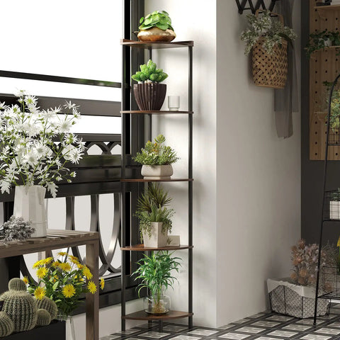 Five Tier Corner Shelving Unit Super Sturdy Storage Rack with plants displayed in a compact corner setup.