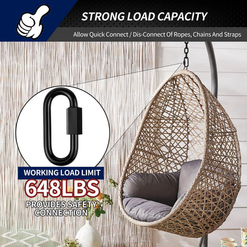 Strong load capacity with Eight Pack Heavy Duty Quick Links And Chain Hooks Set In Black Stainless Steel 304, ideal for swings.