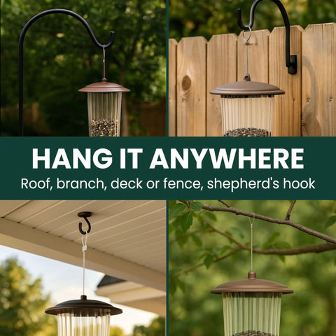Squirrel Be Gone Max Bird Feeder With Four Flexport Feeding Stations hanging on various outdoor structures.