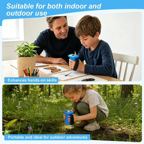 1000X HD Digital Handheld Microscope For Kids With 2.4 Inch IPS Screen Kid Friendly Portable Home Science Toy For Clear Macro And Micro Views Built In Camera For Quick Photos Perfect For Curious Little Explorers, shown indoors and outdoors