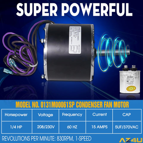 Super Power Condenser Fan Motor Replacement 1/4 HP 208-230V 1Ph 830 RPM Direct Fit Easy Install for HVAC Units, model 0131M00061SP