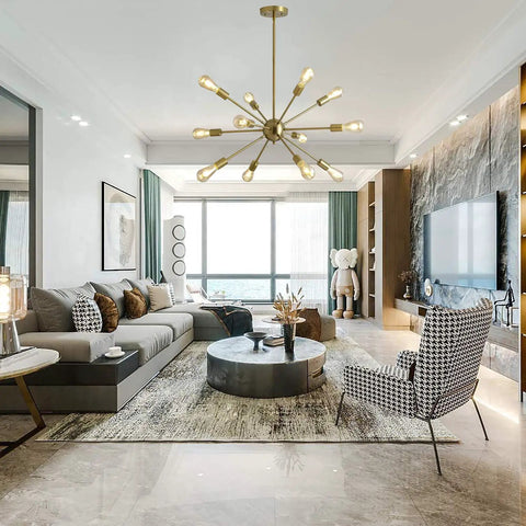 Twelve Light Sputnik Chandelier Modern Semi Recessed Ceiling Fixture Gold for Living Room