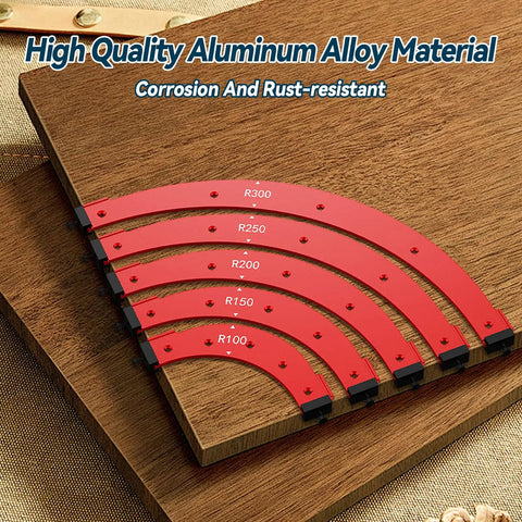 Hella Precise Pro Grade Aluminum Router Corner Radius Template Set Built For Seamless Cabinet Edge Molding And Serious Woodworking Projects That Actually Deliver Rock Solid Results Daily - Red aluminum radius templates R100 to R300 on wood.