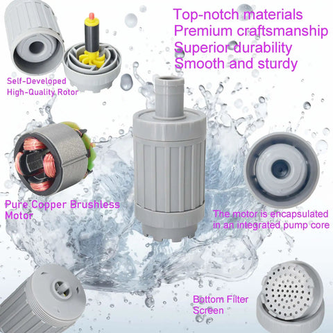Ridiculously Quiet 500GPH Submersible Water Pump Solar Powered with brushless copper motor and components illustrations
