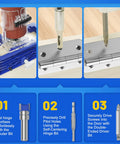 Adjustable Door Hinge Jig And Router Template For 3 To 5 Inch Hinges showing mortise cutting, pilot hole drilling, and screw driving.