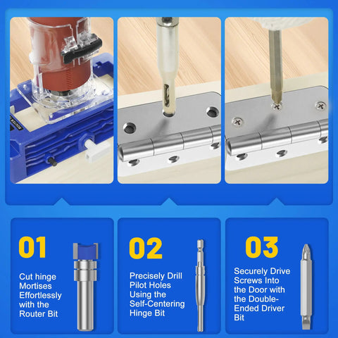 Adjustable Door Hinge Jig And Router Template For 3 To 5 Inch Hinges showing mortise cutting, pilot hole drilling, and screw driving.