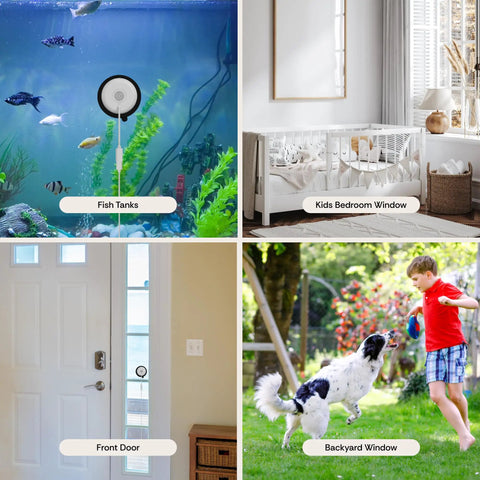4 scenes showing 3MP 2K Window Camera monitoring fish tank, kids room, front door, and backyard. Easy stick glass mount.