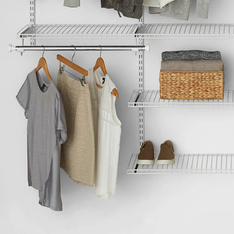 Expandable 26 Inch Shelf Kit Two Shelves White With Durable Epoxy Finish For Easy Home Organization In Laundry Pantry Mudroom Garage Linen Closet Reconfigurable For Two 26 Inch Or One 48 Inch Setup Uprights Not Included shown with clothes and storage