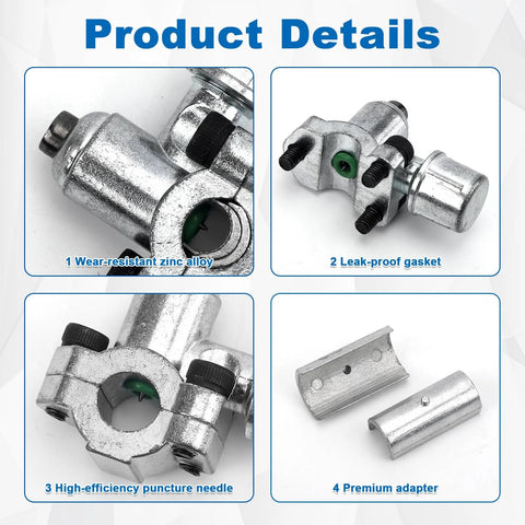 BPV-31 piercing valve kit for refrigerator lines with zinc alloy body, leak-proof gasket, puncture needle, and adapters.