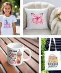 Collage showing girl in printed shirt, butterfly pillow, coffee mug, and tote bag
