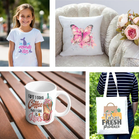Collage showing girl in printed shirt, butterfly pillow, coffee mug, and tote bag