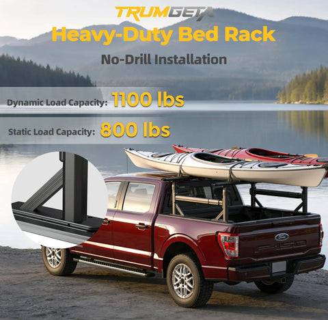 Adjustable Aluminum Truck Ladder Rack With Side Bar Clamp On No Drill Install Fits F150 Silverado Ram Sierra Heavy Duty 1100 Lbs Capacity Haul Ladders Kayaks Bikes With Quick Release Knobs And 4 Position Height 19 To 25 Inches on red pickup with kayaks