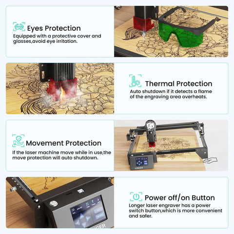 LONGER Ray5 5W laser engraver on 400x400mm bed with 3.5-inch touchscreen; safety features shown.