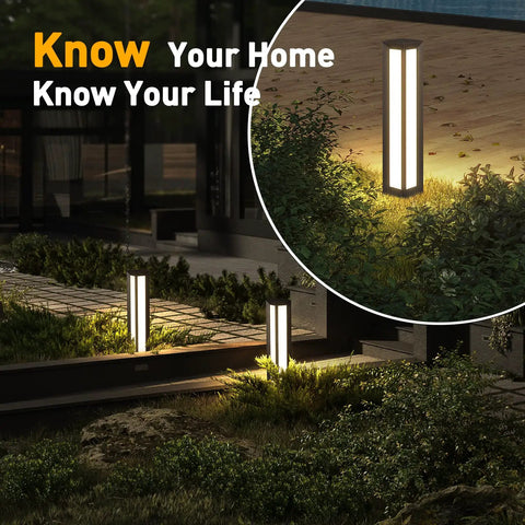 Outdoor Path Light 31.5 Inch Modern Landscape Bollard Lighting For Garden Pathway And Driveway, warm glow by plants at night