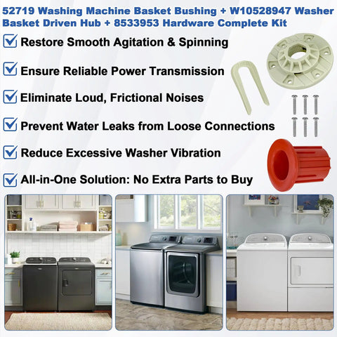 Heavy Duty Washer Drive Hub Kit With Basket Bushing And Six Hub Screws For Durable Spin Fits Whirlpool Kenmore Maytag VMW, plastic