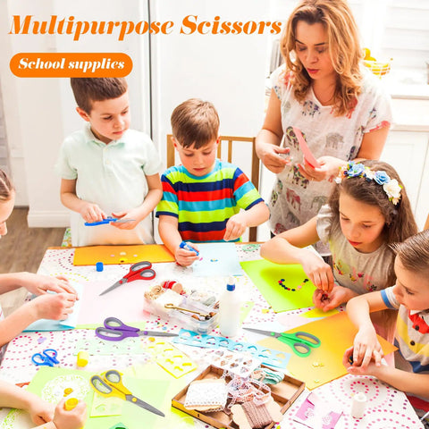 Children using 6 Pack 8 Inch All Purpose Heavy Duty Scissors Bulk Set For Office, School, And Classroom Use, at a crafting table.