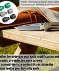 Get That Slick Grip On Your Blade With These Heavy Duty Replacement Thumb Studs Made For The Benchmade 535 Bugout To Guarantee Quick Deployment And Crisp Handling In Silver Black And Green For EDC Fans on a wooden table with colored thumb studs and a knife.