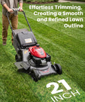 Person using a Honda walk-behind mower with 21 inch high lift mulching blades on grass. Lawn Mower Blades For Honda HRR216 HRX217 Walk-Behind Mowers Twin High Lift Mulching Blade Set 21 Inch Replaces OEM 72531-VH7-000 And 72511-VH7-000 Set Of 2