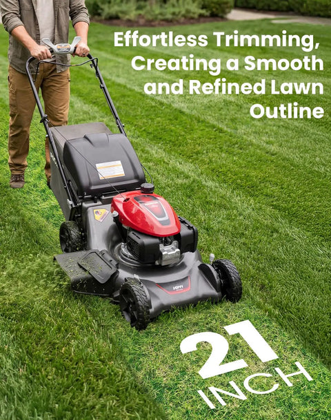 Person using a Honda walk-behind mower with 21 inch high lift mulching blades on grass. Lawn Mower Blades For Honda HRR216 HRX217 Walk-Behind Mowers Twin High Lift Mulching Blade Set 21 Inch Replaces OEM 72531-VH7-000 And 72511-VH7-000 Set Of 2