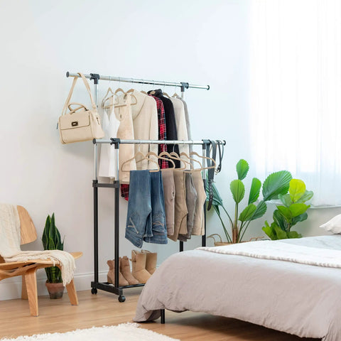 Heavy Duty Double Rod Clothes Rack With Smooth Rolling Lockable Wheels And Height Adjustable Extendable Bar Dead Simple Setup Portable Wardrobe Stand For Coats Dresses Pants Belts Shoes Hang Whatever You Need No Sweat