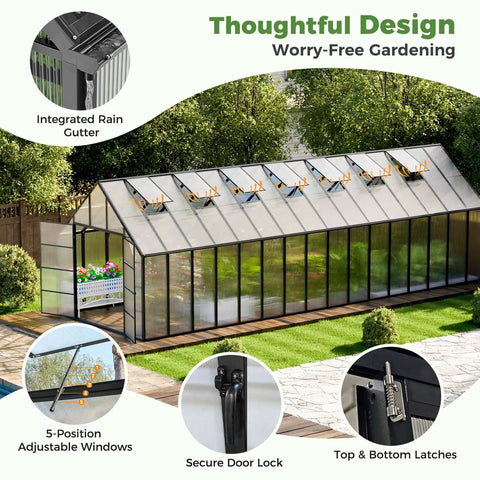 10 By 32 Ft Outdoor Greenhouse With Aluminum Frame, Polycarbonate Panels, Quick Setup, Walk In Design, Seven Vents, Heavy Duty
