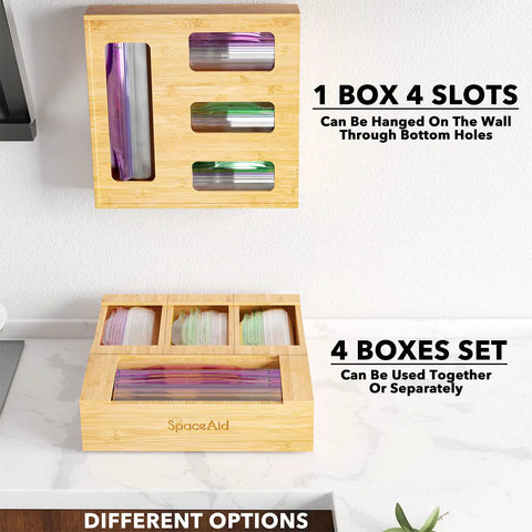 Durable Bamboo Bag Holder For Kitchen Drawer Fits Gallon Quart Sandwich Snack Bags Crushes Clutter And Keeps Your Pantry Slick And Super Hella Organized All Day, wall and countertop storage options.
