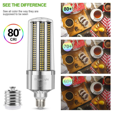 120W LED Corn Bulb For High Bay Areas Ultra Bright 14,400 Lumens 5000K Daylight E26 And E39 Mogul Base with CRI Comparison