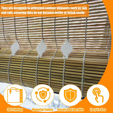 20 Pack String Clips For Roll Up Shades Compatible With Radiance Bamboo Blinds on bamboo blinds, showing cord clips in use.