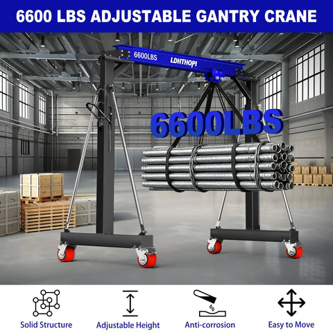 Real Deal 3 Ton Gantry Crane With 6600 Lbs Load Rating And Thick Steel Build For Demanding Shop Jobs gliding with pipes in a workshop.