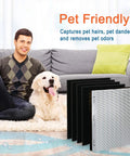 Replacement Filter Pack For Vornado Air Purifiers With H13 Main Filter MD1-0022 And Four Activated Carbon Pre-Filters MD1-0023 One Year Set shown in living room with man and dog.