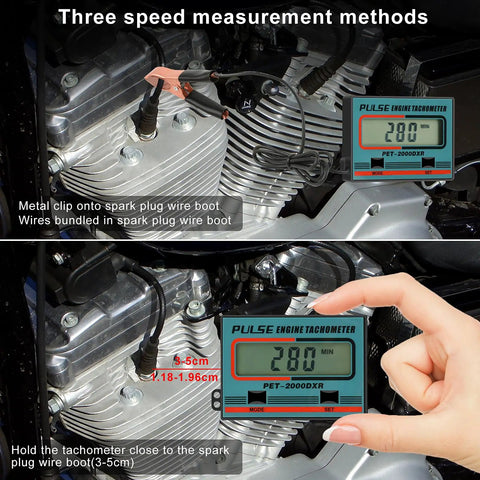 Digital Pro Grade Small Engine Tachometer With Clip For Chainsaws And Motors RPM Gauge showing connection methods on motorcycle engine