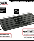 Magnetic Socket Organizer Rail Set for 1/4 Inch, 3/8 Inch, and 1/2 Inch Drive Sockets Holds 36 Sockets with handle on black tray.