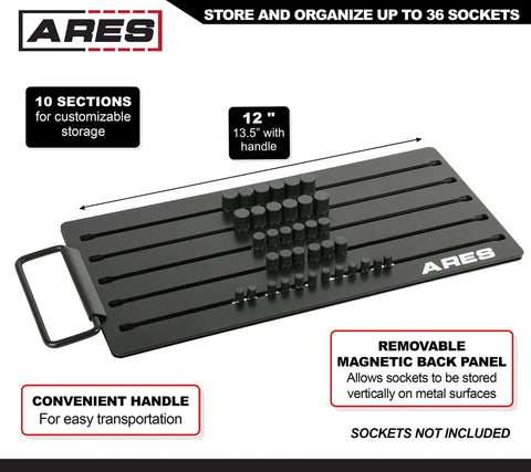 Magnetic Socket Organizer Rail Set for 1/4 Inch, 3/8 Inch, and 1/2 Inch Drive Sockets Holds 36 Sockets with handle on black tray.