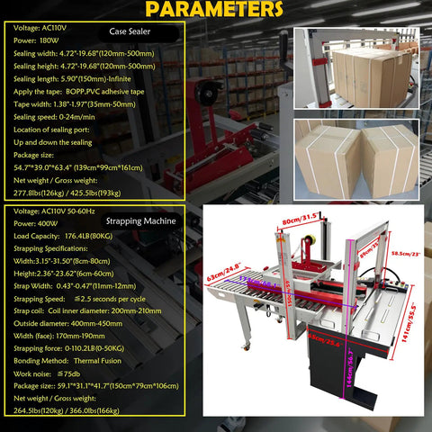 Image of Top Shelf Automatic Carton Sealer And Strapping Machine Combo with detailed parameters and dimensions, suited for busy warehouses.