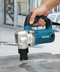Person using Low Noise 10 Gauge Metal Nibbler with Lock On Trigger, lightweight 7.4 lb body, rubber grip handle for metal cutting