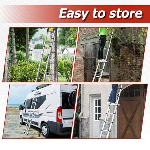 14.5Ft Aluminum Telescoping Ladder Collapsible And Retractable Extension And For Home And Outdoor Projects, Lightweight Portable Build With 330 Lbs Capacity, Grab And Go Easy Carry Handle, Anti Slip Rungs, Durable Safety Design, easy to store on van and home use