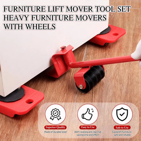 Heavy Duty Furniture Lift Mover Tool Set with Wheels lifting a cabinet corner on hardwood floor