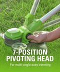 Gutsy Cordless String Trimmer And Lawn Edger With Brushless Motor showing 7-position pivoting head for versatile trimming on grass.