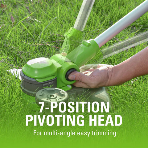 Gutsy Cordless String Trimmer And Lawn Edger With Brushless Motor showing 7-position pivoting head for versatile trimming on grass.