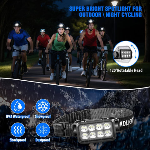 Group of cyclists with 6 Pack Rechargeable LED Headlamp With Motion Sensor IPX6 Waterproof Hands Free Headlamp at night
