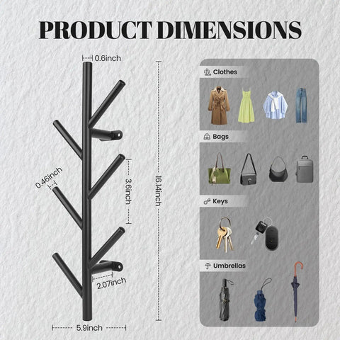 Diagram showing dimensions of 2 Pack Vertical Coat Rack Wall Mount, Metal Slim 16 Inch Wall Hat Rack For Entryways And Closets, Black