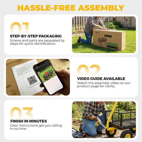 Hassle-free assembly for Heavy Duty Steel Garden Cart For Yard And Farm With Removable Sides 1000 lb load capacity.