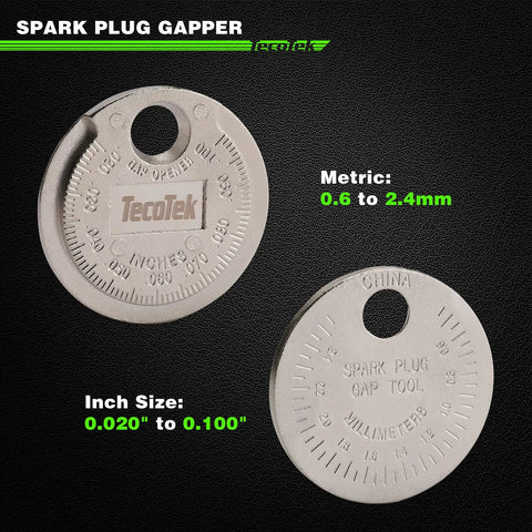 Close-up of spark plug gapper with inch and metric measurements for All In One 11 Piece Spark Plug Socket Set With Three Eighth Inch Drive Ratchet Gapper Universal Joint And Three, Six, Ten Inch Extensions Sizes Five Eighths Three Quarters Thirteen Sixteenths Fourteen And Eighteen Millimeter Six Point Sockets With Rubber.