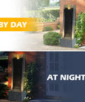 7-Tier Rock Water Fountain With Lights For Outdoor Garden Decor, shown installed by day and illuminated at night on patio.