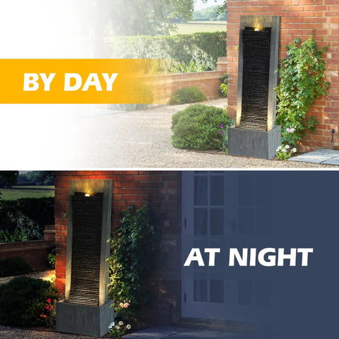 7-Tier Rock Water Fountain With Lights For Outdoor Garden Decor, shown installed by day and illuminated at night on patio.