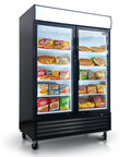 Commercial Double Glass Door Display Freezer With Forty Four Point Seven Cubic Feet Badass Storage And Digital Temp Control Auto Defrost Led Lights showcasing frozen food items.