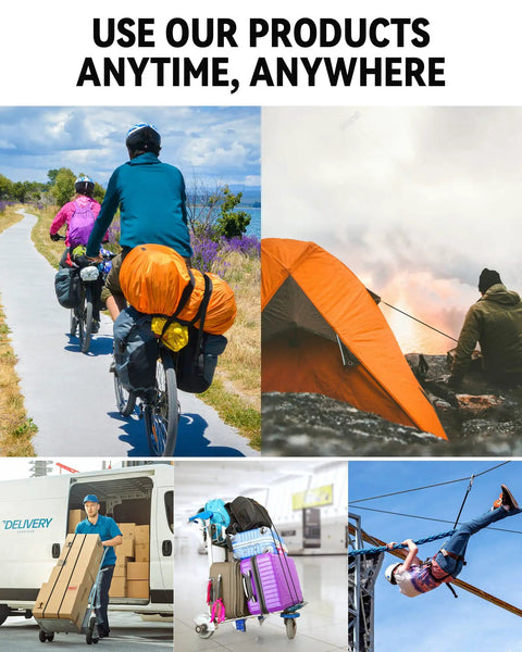 Collage showing diverse uses for heavy duty 31 inch rubber bungee cords with 55.8 inch stretch, securing cargo and gear.