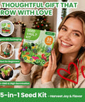 Smiling woman holding Massive 35 Variety Heirloom Seed Pack With Over 21,000 Non GMO Seeds For Home Gardeners Featuring Vegetables Fruits And Herbs